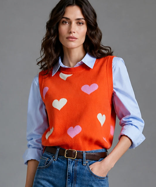 Chaleco tejido Naranjo sin Mangas con corazones en contraste
