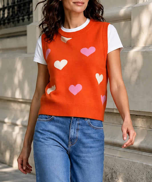 Chaleco tejido Naranjo sin Mangas con corazones en contraste
