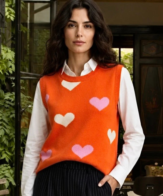Chaleco tejido Naranjo sin Mangas con corazones en contraste