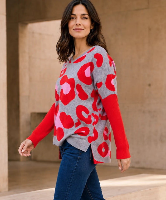 Chaleco Tejido oversize gris con Animal Print en Rojo y Rosa
