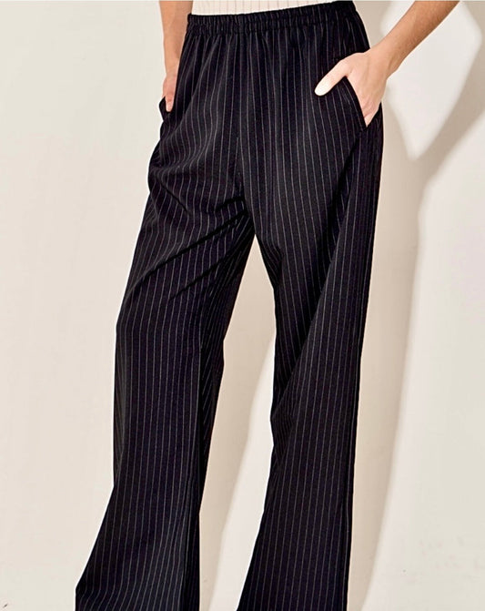 Pantalón Chicago Sastrero Rayado Negro de Pierna Amplia - Cintura Elástica