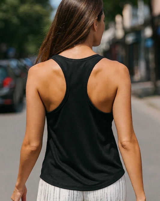 Top Negro Atrani de Lino Cey minimalista con Escote en V - Detalle en Espalda