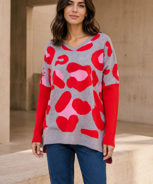 Chaleco Tejido oversize gris con Animal Print en Rojo y Rosa