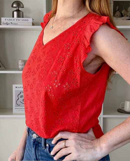 Blusa Francia Roja de Broderie con Volados - Diseño Romántico