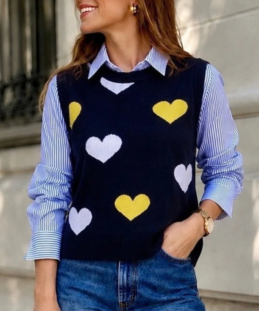 Chaleco tejido Negro sin Mangas con corazones en contraste