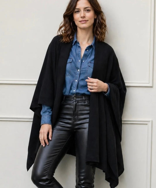 Capa negra para mujer elegante con amarra-Capa Tejida Suave