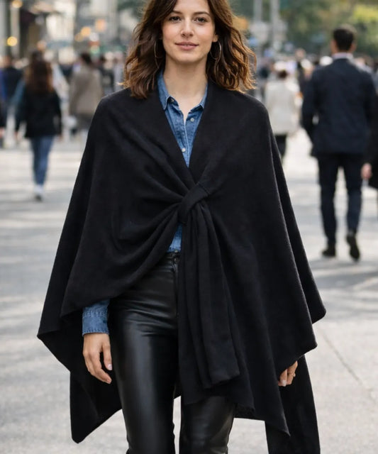 Capa negra para mujer elegante con amarra-Capa Tejida Suave