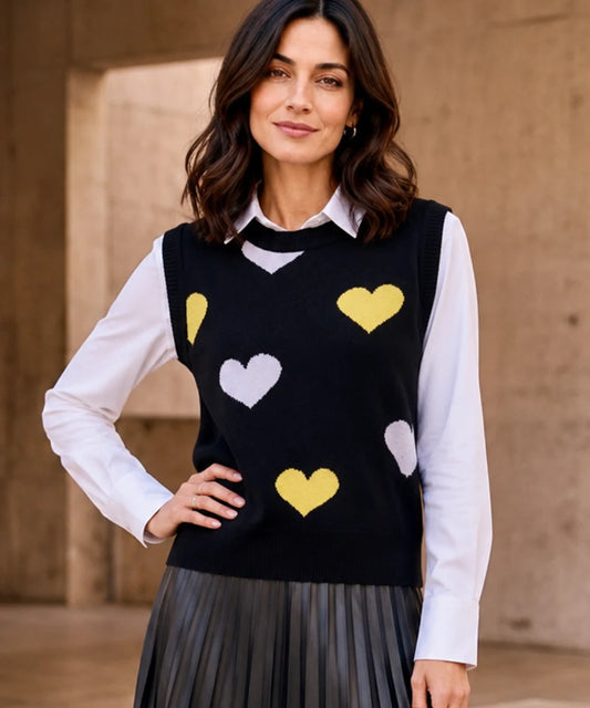 Chaleco tejido Negro sin Mangas con corazones en contraste