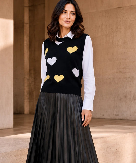 Chaleco tejido Negro sin Mangas con corazones en contraste