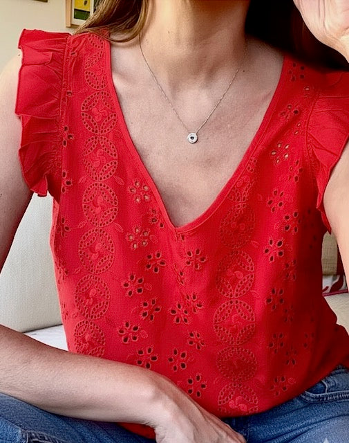 Blusa Francia Roja de Broderie con Volados - Diseño Romántico