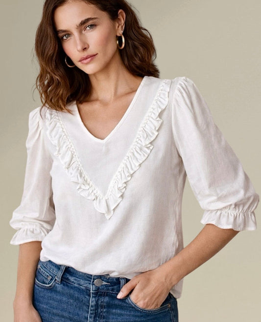 Blusa Blanca Cuello V con Volados y Manga 3/4 Mujer - Victoria