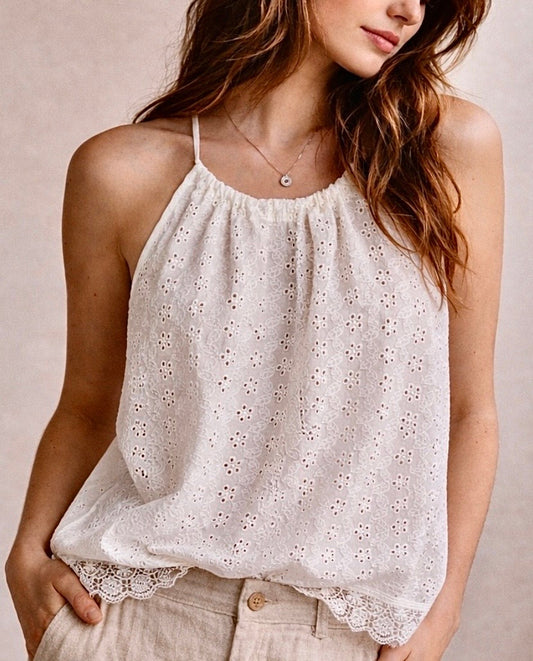 Top Capri blanco Halter de broderie - Breteles Regulables